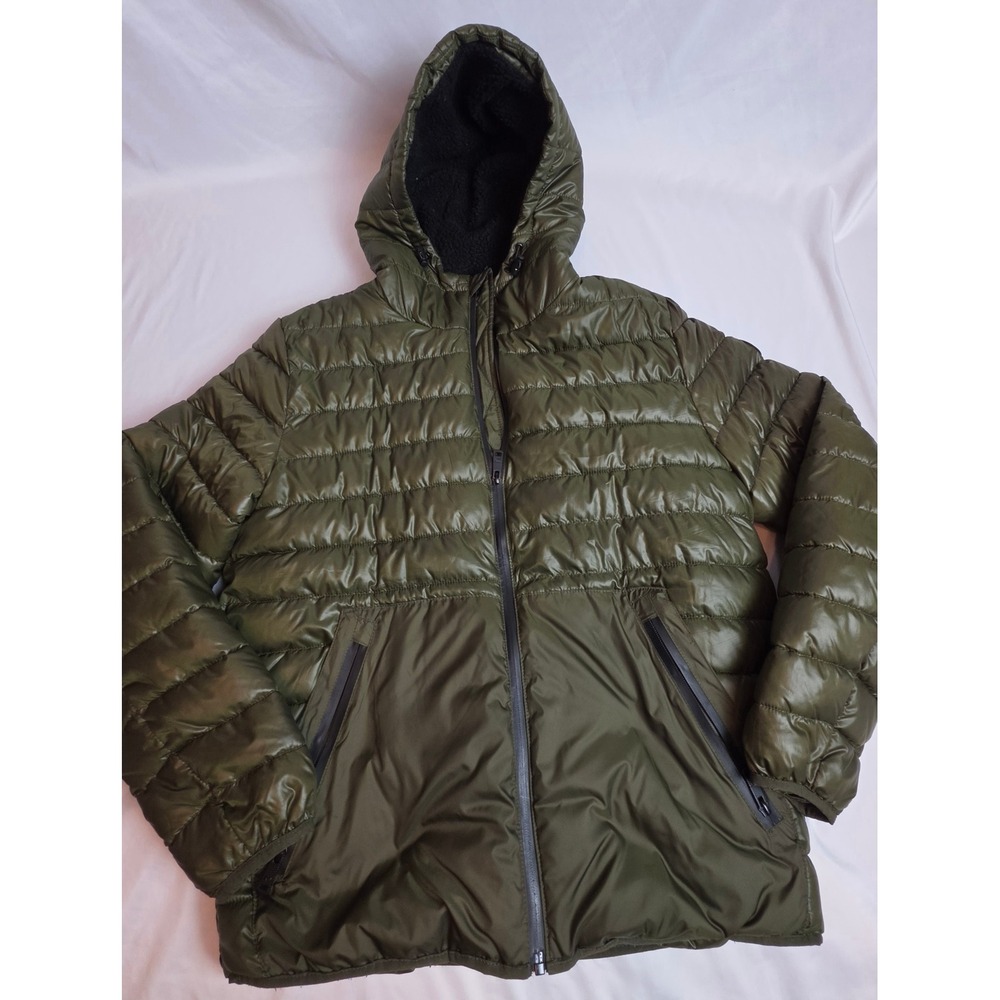 Kenneth Cole New York Mens Puffer Jacket Olive Green Sherpa Lined Hooded Medium
